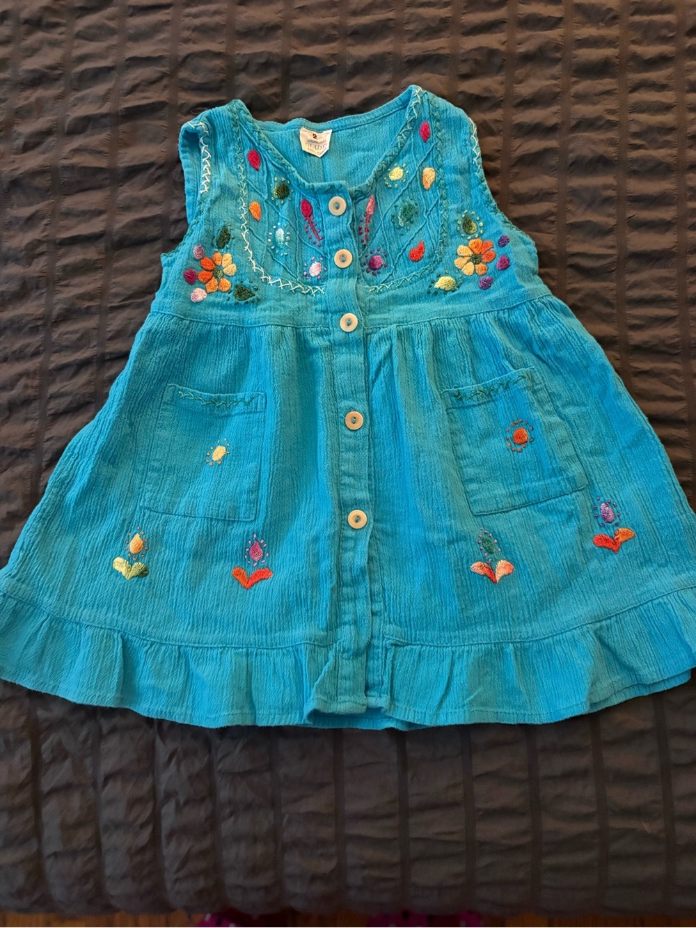 Vintage Teal Blue Embroidered Girls Dress